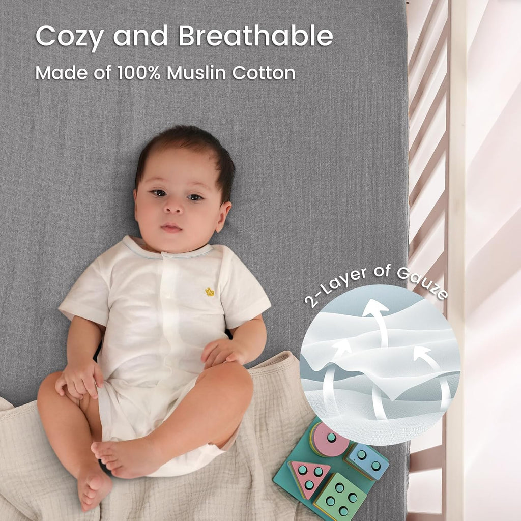 david's kids Muslin Crib Sheets for Boys Girls, 2 Pack 100% Cotton Soft Breathable Fitted Baby Sheet Set, 28x52 Inch Fits Standard Crib and Toddler Mattresses, Beige & Grey