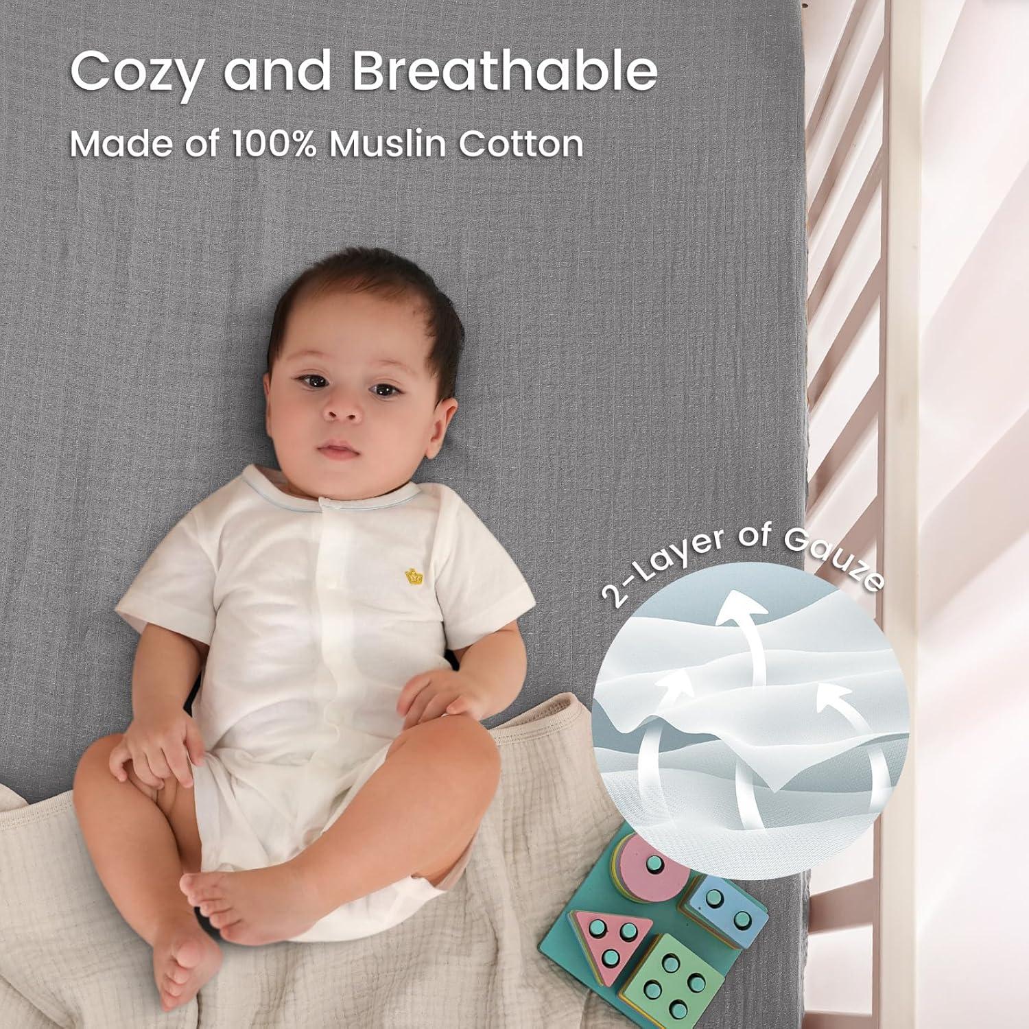 david's kids Muslin Crib Sheets for Boys Girls, 2 Pack 100% Cotton Soft Breathable Fitted Baby Sheet Set, 28x52 Inch Fits Standard Crib and Toddler Mattresses, Beige & Grey