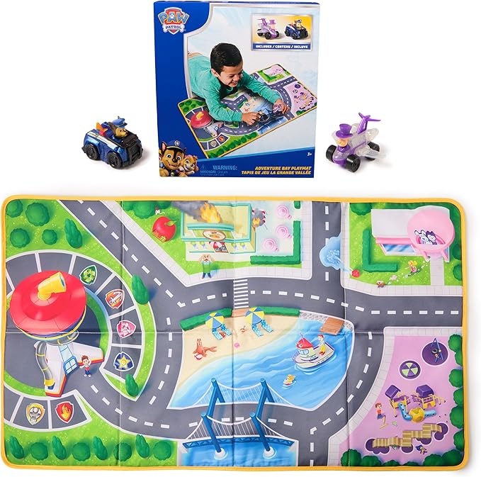 PAW Patrol Pup Squad Adventure Bay Playmat, 33-Inch Foldable Mat with Exclusive Chase and Humdinger Vehicles, Kids Toys for Boys & Girls Ages 3 and Up