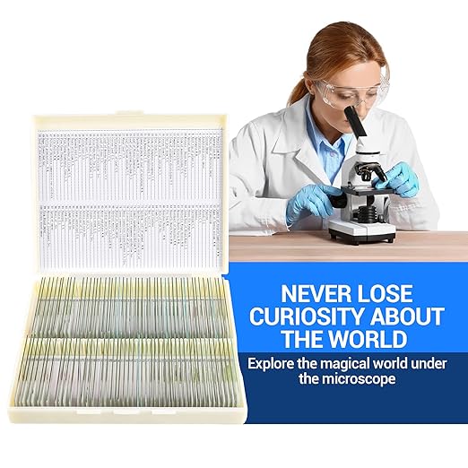 100 Prepared Microscope Slides with Specimens for Kids Adults - Bacterium, Fungus, Human Tissues, Mitosis, Plants, Insects, Animals Cells Samples for Biological Science Lab, School Students