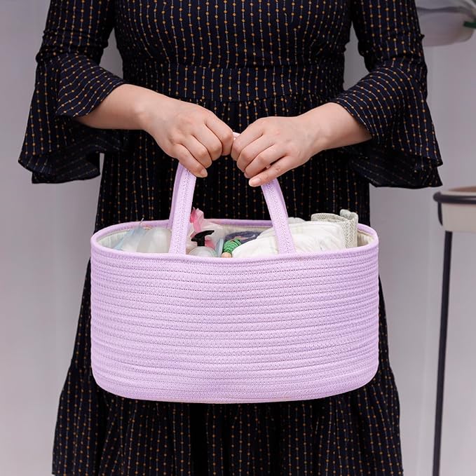 COMSE Large Baby Diaper Caddy Organizer for Girl Boy, Car Caddy with Handles, Cotton Rope Basket for Changing Table, Nursery Organizer, Gift for Baby Shower and Registry Must Have, Purple