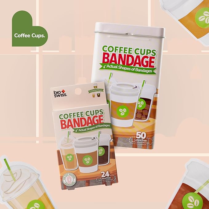 BioSwiss Bandages, Coffee Cup Shaped Self Adhesive Bandage, Latex Free Sterile Wound Care, Fun First Aid Kit Supplies for Kids, 24 Count