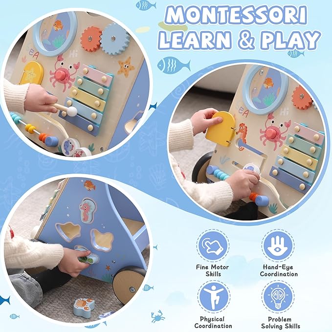 Ocean-Themed Wooden Baby Walker with Activity Center, Montessori Push Walker Toy for Babies 18 Months, Safe First Steps Baby Walking Aid for Boys & Girls