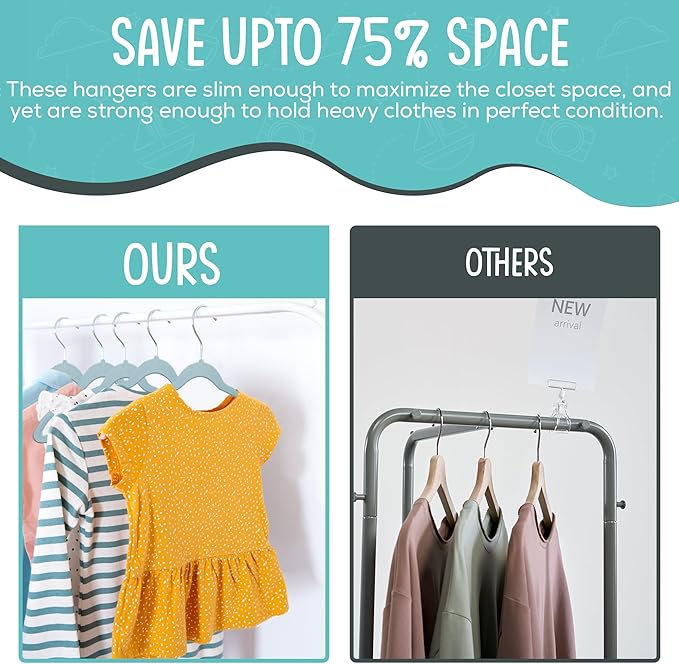 50 Premium Kids Velvet Hangers - 14" Non-Slip Ultra Slim Space-Saving Clothes Hangers with 360° Swivel Hook - Strong & Durable Hangers for Children & Preteens Wardrobe - Blue