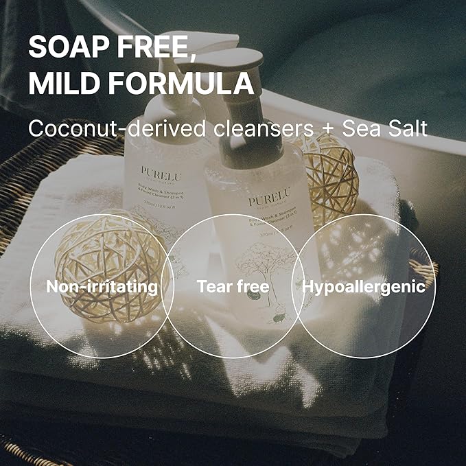 PURELU 3-in-1 Tear-Free Baby Shampoo Body Wash Face Cleanser, Baby Soap for Sensitive Skin, Vegan Body Wash, Hypoallergenic Fragrance Free (12.5 Fl Oz / 370ml)