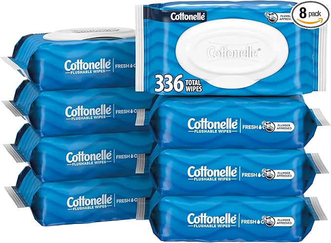 Cottonelle Fresh Feel Flushable Wet Wipes, Adult Wet Wipes, 8 Flip-Top Packs, 42 Wipes Per Pack (336 Total Wipes), Packaging May Vary