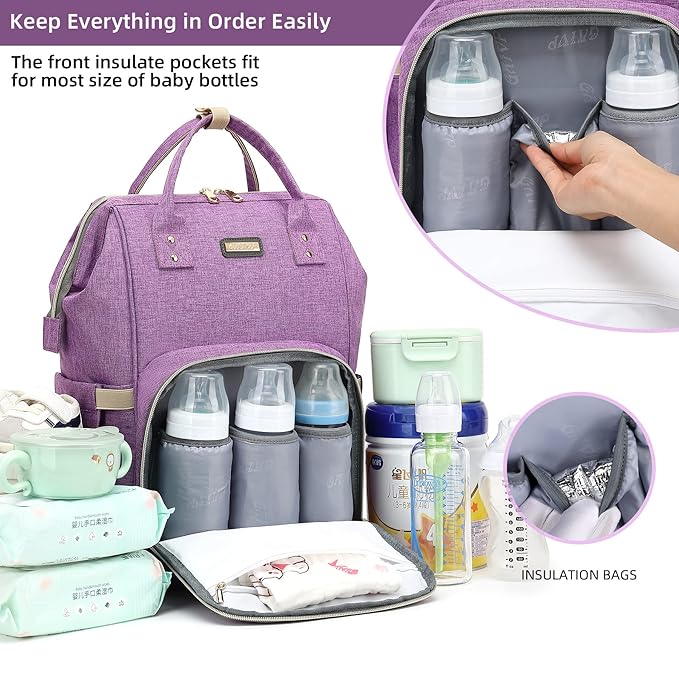 Diaper Bag Backpack, Diaper Bags for Baby Girls Boys, Baby Bags for Moms Dads, Nappy Changing Bag with Insulated Pockets,Multi-functional Waterproof Backpack with Stroller straps-Purple