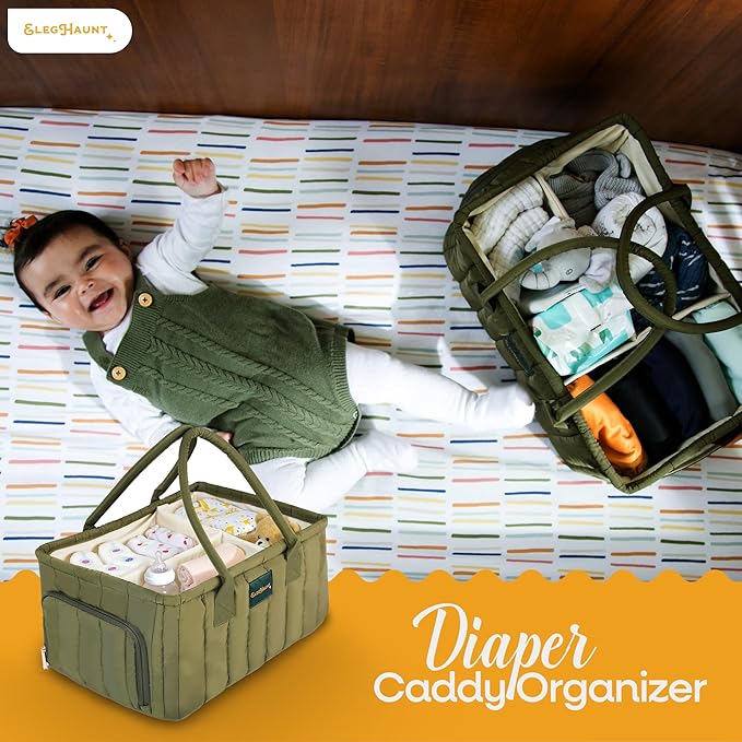 Large Diaper Caddy Organizer with Handle Neutral Boy Girl – Baby Basket for Nursery, Car, Changing Table – Portable Baby Storage with Compartments – Perfect for New Parents and Baby Shower Gifts