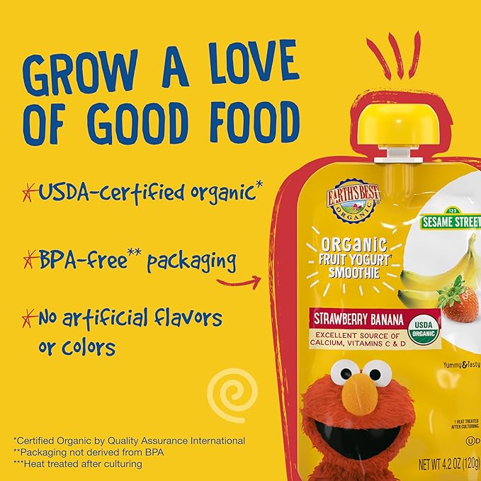 Earth's Best Organic Yogurt Smoothie Pouches for Toddlers 24 Months+, Strawberry Banana, Fruit Yogurt, 4.2 oz Resealable Pouch, Pack of 12