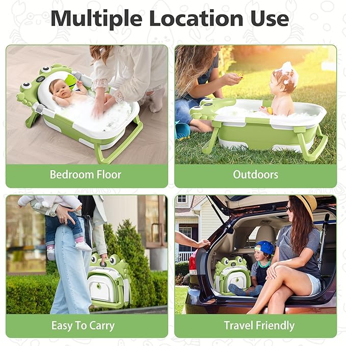 Collapsible Baby Bathtub for Newborns with Thermometer and Soft Floating Cushion Portable and Foldable Travel Baby Boy Bath Tub for Infants to Toddler 0-36 Month (Green)
