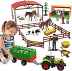 Dwi Dowellin Farm Animal Toys Set,69 Pcs Farm Toys with Tractor with Trailer,Horse Stable Grain Bins Horse Cow Farmer Figures Fence Playset for Kids Toddlers Boy Girl 3-12 Years Old