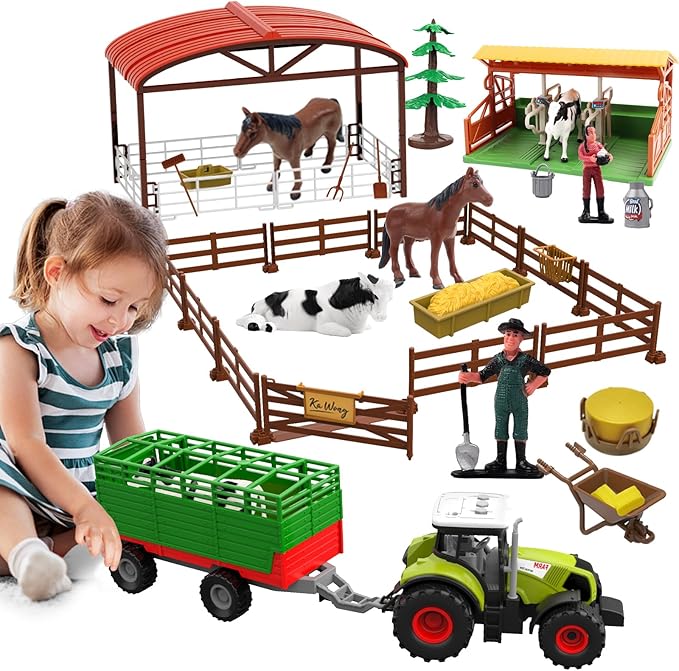 Dwi Dowellin Farm Animal Toys Set,69 Pcs Farm Toys with Tractor with Trailer,Horse Stable Grain Bins Horse Cow Farmer Figures Fence Playset for Kids Toddlers Boy Girl 3-12 Years Old