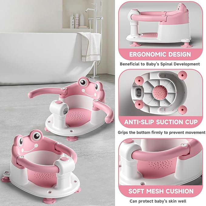 Baby Bath Seat for Babies 6 Months & Up - Toddler Bath Seats for Baby Sitting Up with 4 Suction Cups & Soft Cushion, Non-Slip Infants Shower Bathtub Chair for Newborn Girls, Pink