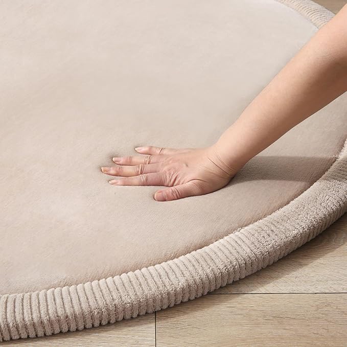 Hakuna Matte Coral Velvet Baby Play Mat Ø 47" Beige – High-Density Memory Foam Area Rug – Playmat for Floor with Non-Slip Backing for Crawling, Playing & Tummy Time