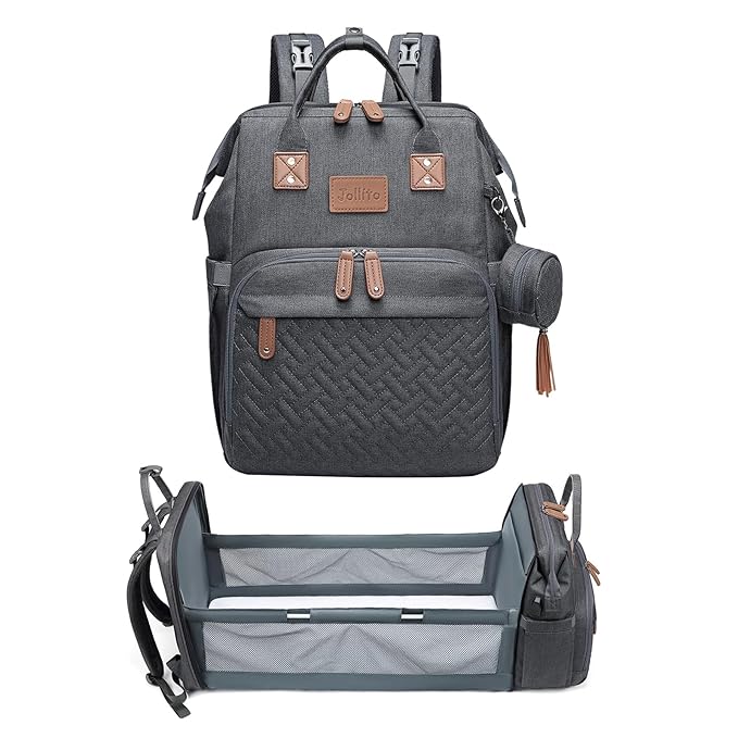 JOLLITO Diaper Bag Backpack with Changing Station Large Capacity Multifunction Baby Bags for Boy Girl Travel For Moms Dads Baby Registry Search Essentials Shower Gifτs Gray