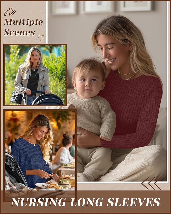 3 Pack Women's Nursing Long Sleeve Tops Breastfeeding Thermal Sweaters with Hidden Zipper Maternity Ribbed Shirts