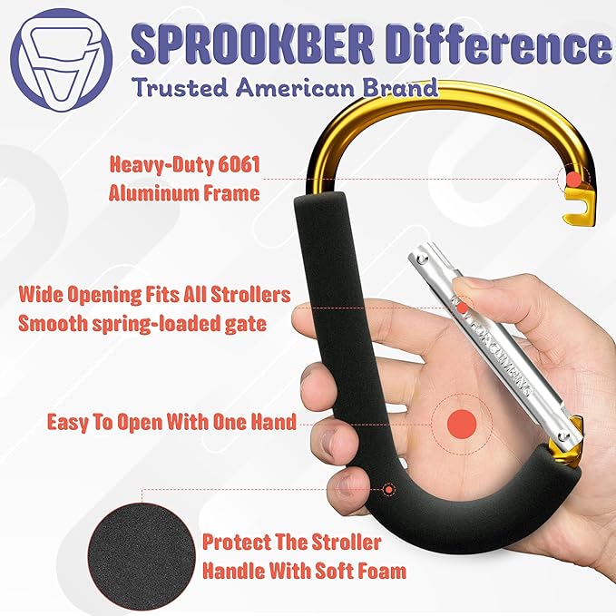 sprookber 6.7 Inch Large Stroller Hooks for Diaper Bags & Purses, Heavy Duty Mommy Hooks for Shopping, Grocery, Backpack – Baby Stroller Accessories, Set of 2 (Gold)