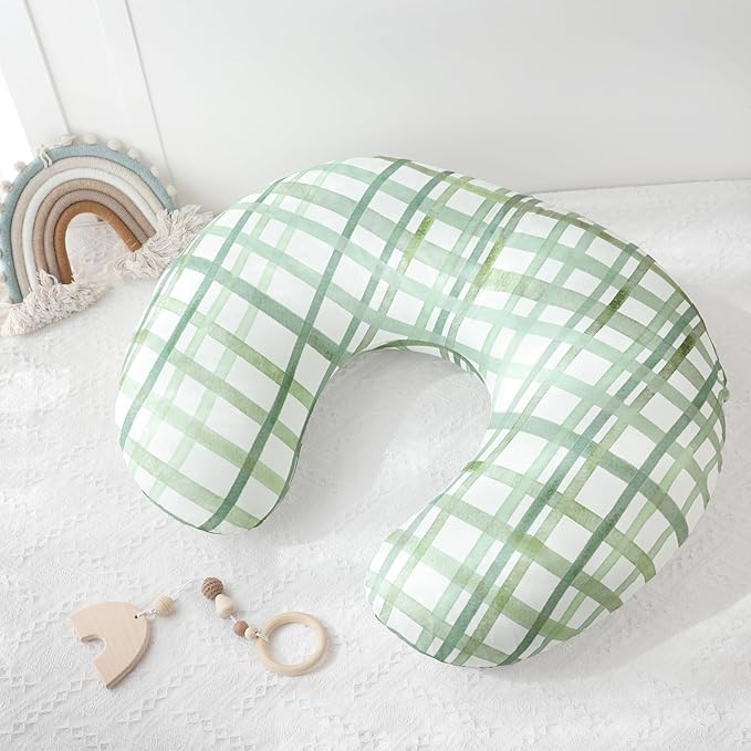 Nursing Pillow Cover, Removable Nursing Covers for Breastfeeding Pillows, Stretchy and Soft Fit for Baby Girls Boys Newborn, Green Grid (Only Cover)