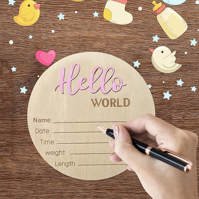 Baby Announcement Sign, 5.9 Inch Wooden Hello World Newborn Signs, Birth Announcement Sign, Baby Shower Hospital Nursery for Newborn Boys and Girls (Light Pink,Pen)