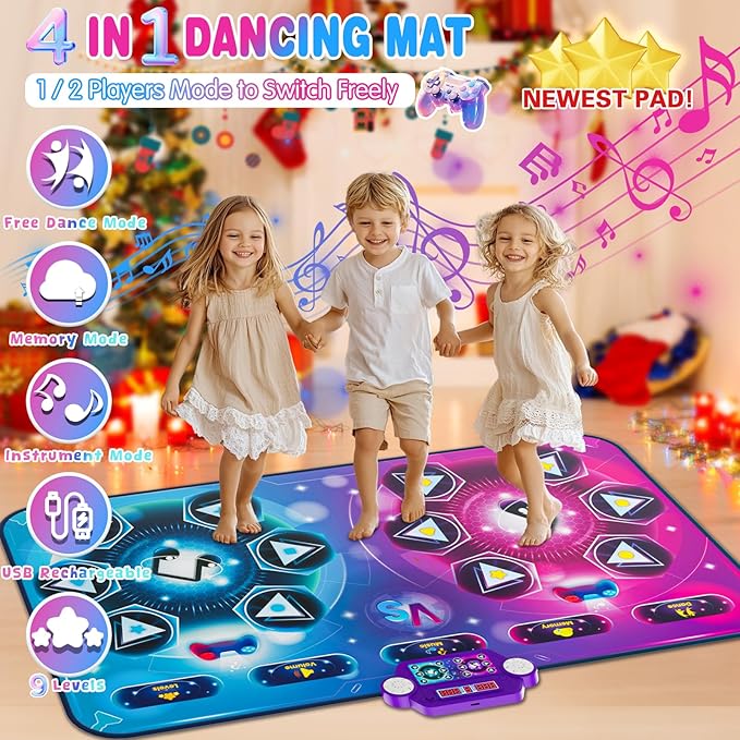 Rechargeable Dance Mat - Double User Play Mat with Extra Large Size (59*38 in), Dancing Music, Challenge Game, Piano Mode, LED Lights, Christmas Birthday Gift for Kids Girls Boys 3-12 Year Old