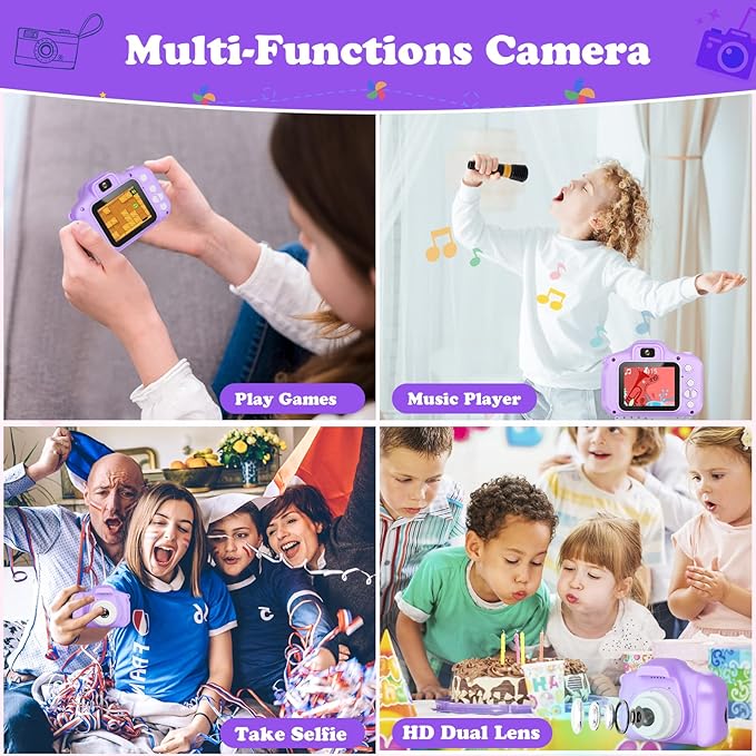 Kids Camera, HD Digital Video Camera, Childrens Toys for 3 4 5 6 7 8 9 Year Old Boys/Girls, Selfie Camera for Kids, Christmas Birthday Gifts with 32GB SD Card (Purple)