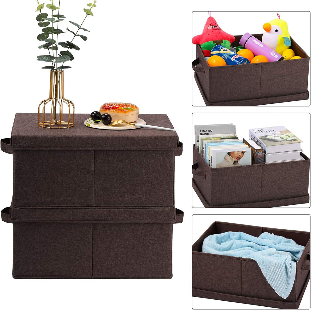 HOONEX Linen Foldable Storage Bins with Lids, 2 Pack, Storage Boxes with Carrying Handles and Sturdy Heavy Cardboard, 16.5" L x 11.8" W x 7.5" H for Shoes, Clothes, Brown