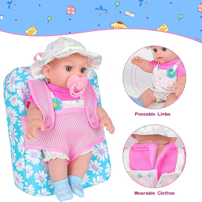12" Girls Baby Doll Daisy Theme Backpack Carrier Playset,12 Inch Reborn Baby Dolls With Accessories And Clothes Set Toy Stuffs Pink Hanky Diaper Bottle Nipple And Gifts For Baby Toddler Age 3+