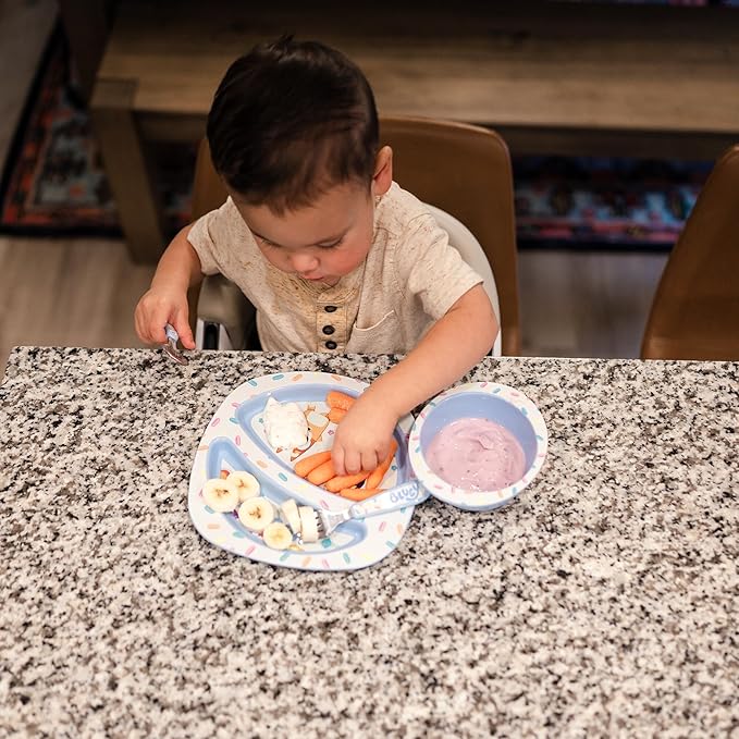 The First Years Bluey 4-Piece Place Setting - BPA Free Dishwasher Safe Toddler Dinnerware Set with Divided Plate, Bowl, Fork, Spoon - Multicolor