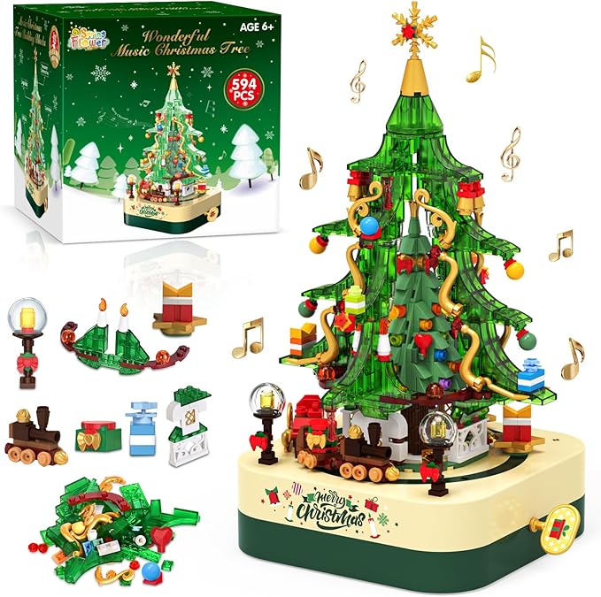 SpringFlower 594 PCS Christmas Tree Building Block Set, Rotating Music Box Christmas Building Block Tree for Boys Girls Adults, Xmas Gifts Decorations for Kids Adults Teens,Green
