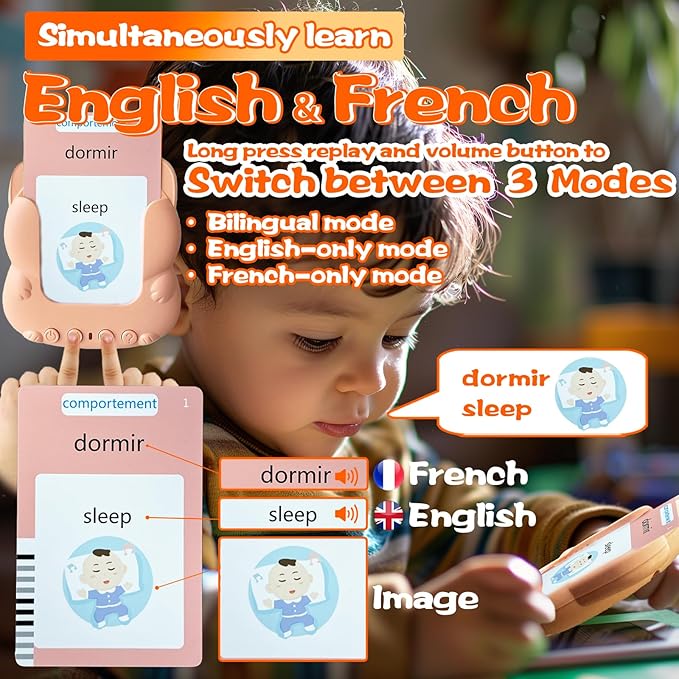 Talking Flash Cards for Kids - French Bilingual English Flashcard for Toddlers 3-12, Test Mode, 510 Sight Words, Audible Pocket Speech, Sensory Toys for Autism, Boys Girls Gifts (French)