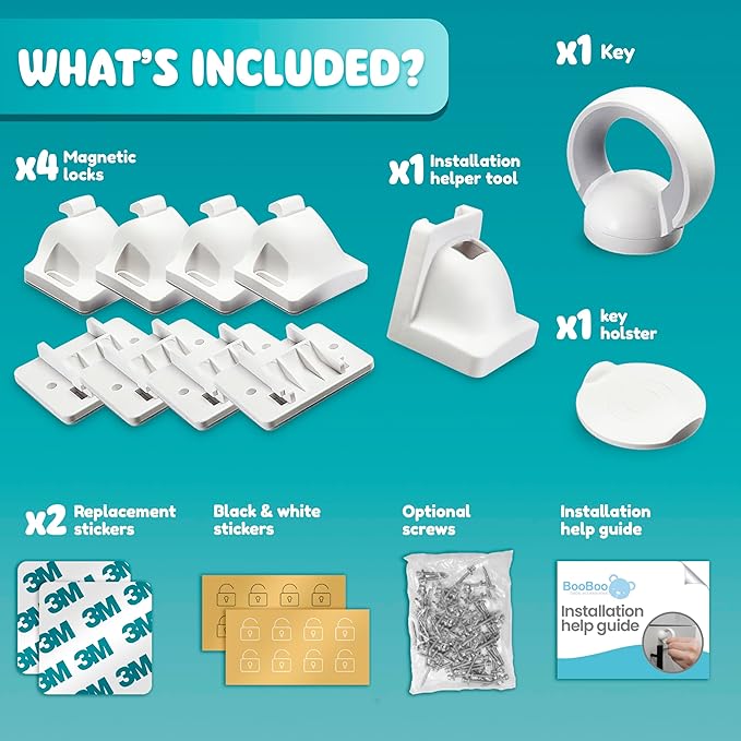 Booboo® Magnetic Child Safety Cupboard Locks for Children x4 Locks + x1 Key, Baby Proofing for Kitchen, Cabinets and Drawers, 30 Second Install No Drilling 3M Adhesive (4 Pack)