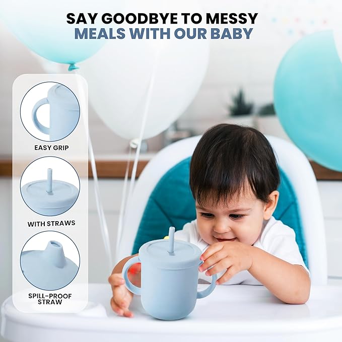Silicone Baby Feeding Set 15-Piece BPA-Free Baby Led Weaning Kit for 6+ Months – Elephant Suction Plate, Bowl, Forks, Spoons, Bib, Cup, lids, Teether & More – Gift Kraft Box – Baby Registry Blue Gray
