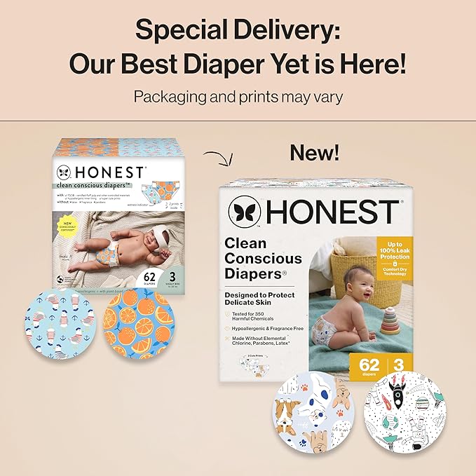 The Honest Company Clean Conscious Diapers for Delicate Skin | Up to 100% Leakproof | Hypoallergenic, Fragrance Free | Gender Neutral | Club Box, Size 3 (16-28 lbs), 62 Count (Prints May Vary)