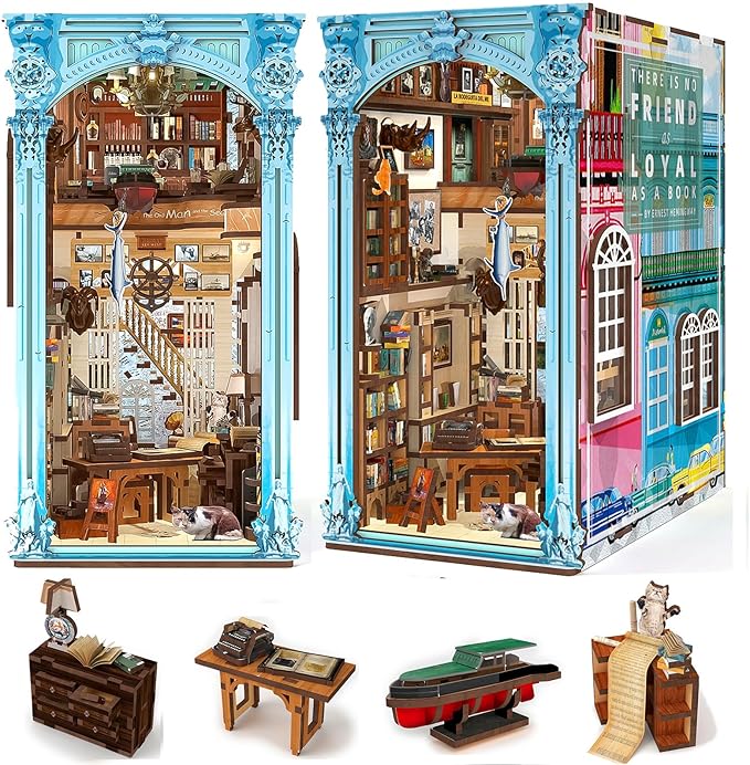 Book Nook Kit, DIY Miniature Dollhouse Booknook Kit, 3D Wooden Puzzle Bookend Bookshelf Insert Decor with LED Light for Teens and Adults(Hemingway House)