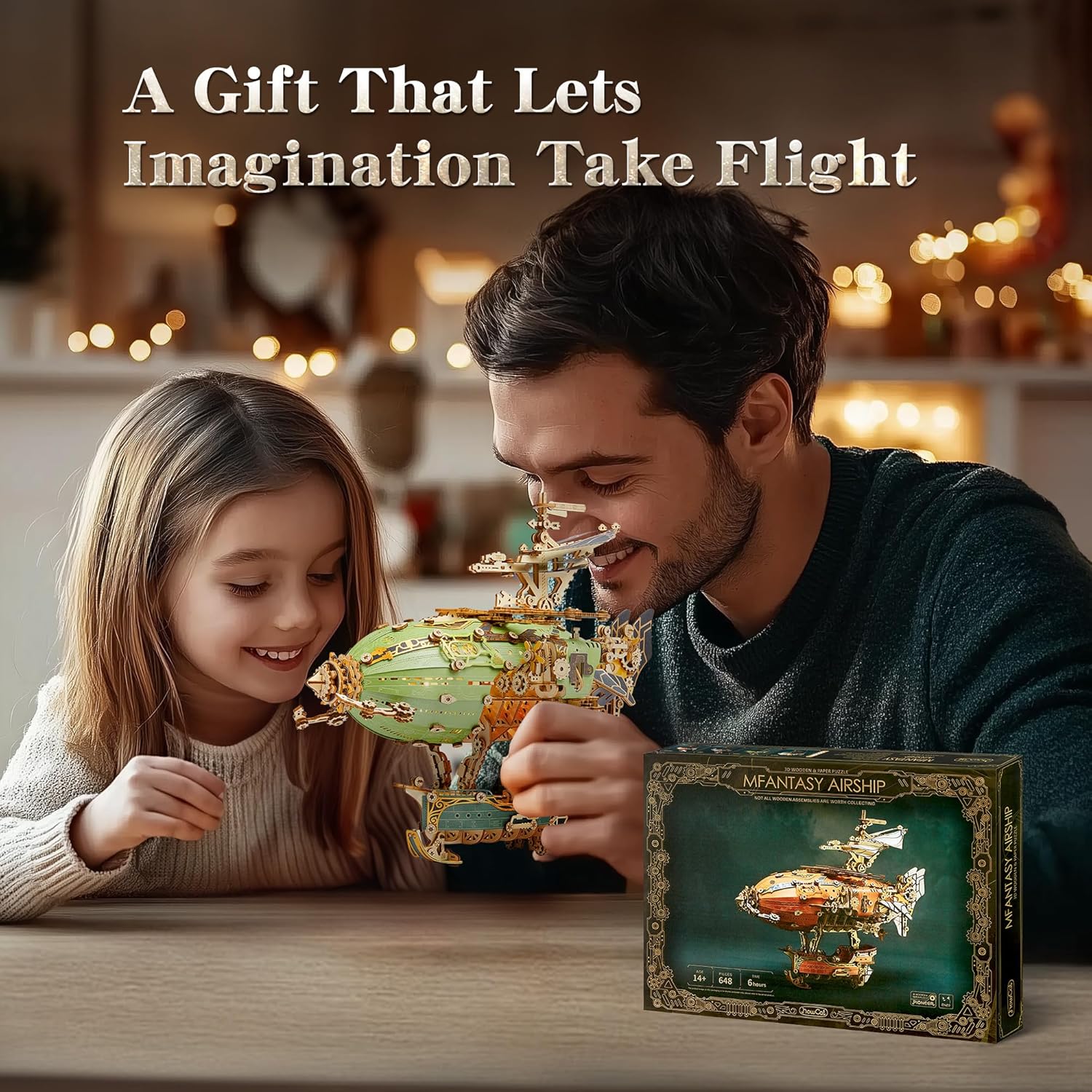 LED 3D Wood Puzzle Fantasy Airship Model - Steampunk DIY Craft Kit with LED Lights – Intricate Wooden Airship Model Building Set for Teens and Adults(Green)