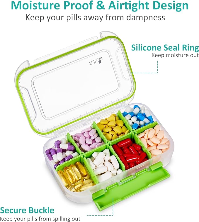 Fullicon Large Pill Organizer with 8 Compartments, Moisture Proof Travel Pill Box with Removable Divider, Daily Pill Container with Lables, Pill Case for Vitamin, Fish Oil, Supplement (Clear Green)