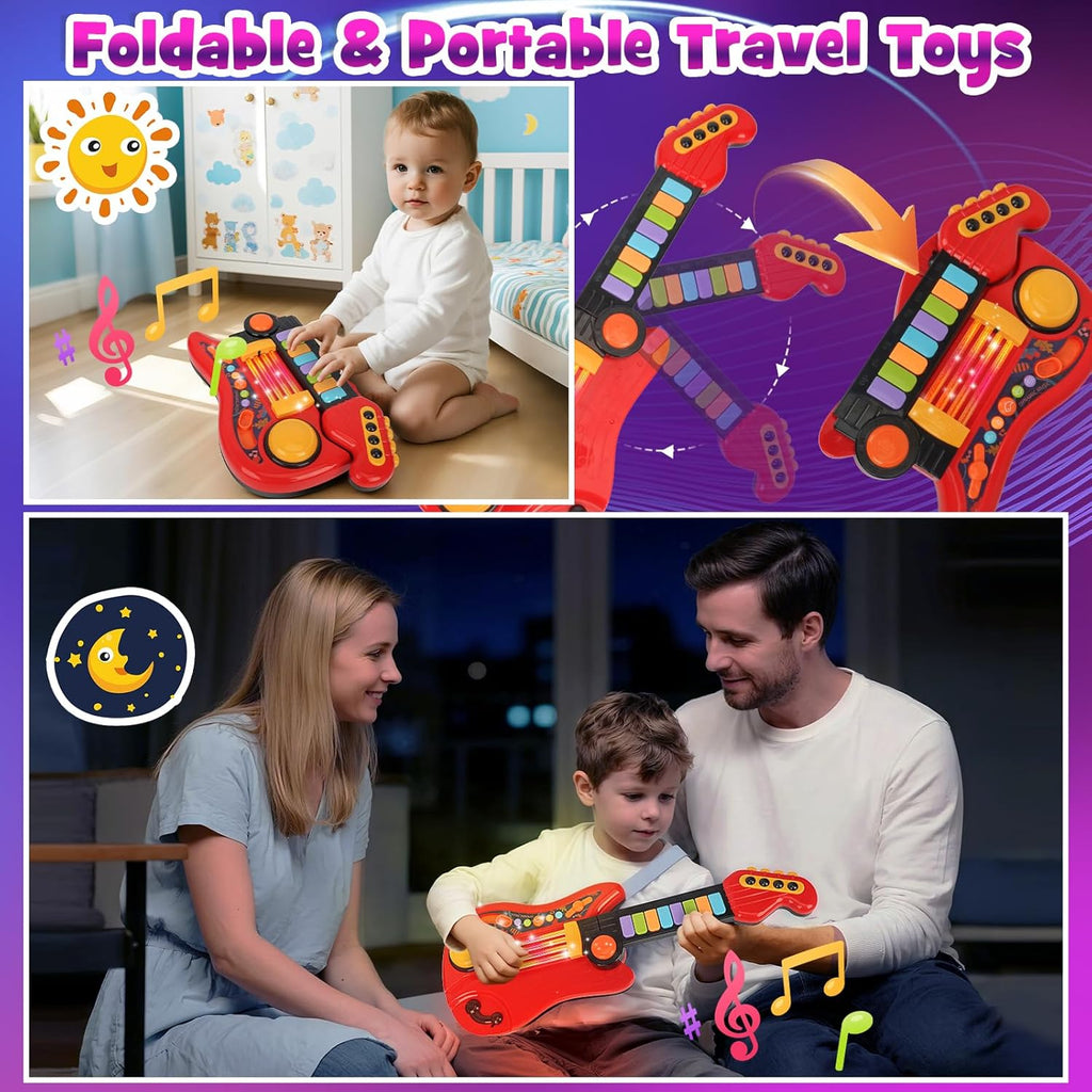 Kids Guitar Toy for 3 Year Old Boy Birthday Gift 2-in-1 Electric Guitars & Piano for Toddlers 2-4 Light Up Music Toys for 3 4 5 Year Old Boys Girls Gifts