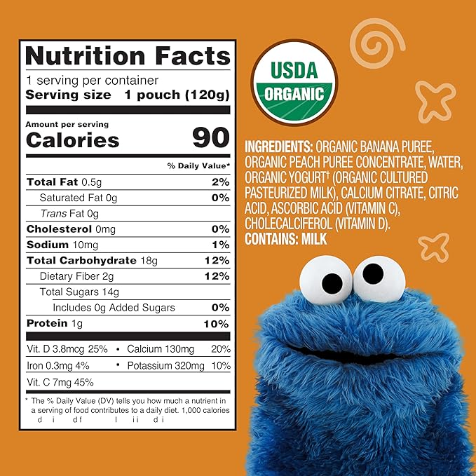 Earth's Best Organic Yogurt Smoothie Pouches, 24+ Months, Fruit Yogurt Smoothie for Toddlers 24 Months and Up, Banana Peach, 4.2 Ounce Resealable Pouch (Pack of 12)