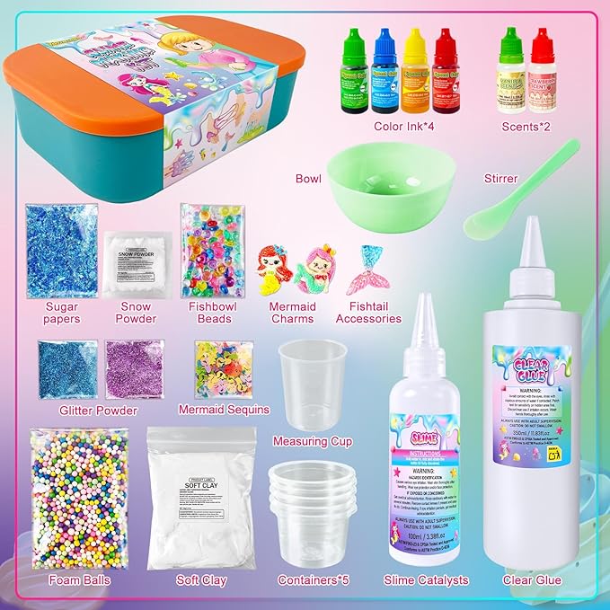 YOPINSAND DIY Slime Kit for Girls, Slime Making Kit for Kids, Glimmer Crunchy, Butter, Foam, Cloud Slime with Mermaid Add-ins, Foam Balls, Charms, Glitters, Party Favors Gift Toys for Kids 6-12