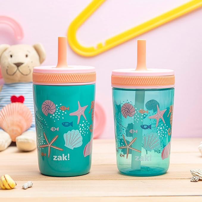 Zak Designs Shells Kelso Tumbler Set, Leak-Proof Screw-On Lid with Straw, Bundle for Kids Includes Plastic and Stainless Steel Cups with Bonus Sipper (3pc Set, Non-BPA) 15 fl.oz.