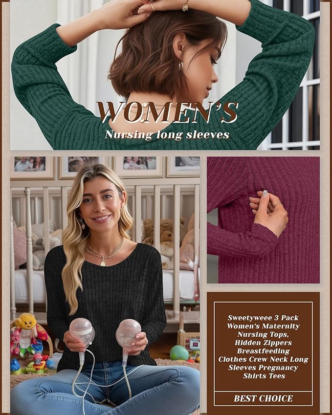 3 Pack Women's Nursing Long Sleeve Tops Breastfeeding Thermal Sweaters with Hidden Zipper Maternity Ribbed Shirts