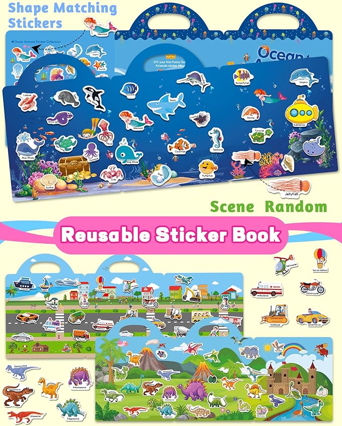 Reusable Sticker Book for Toddlers 2-4 Years, Stickers for Kids, Toddler Sticker Book Ages 1-3, Toddler Craft Activities, Toddlers Travel Toys Ages 2+ Boy Girl Birthday Gifts