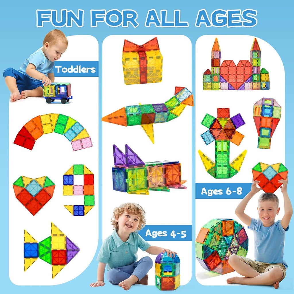 EchoPlan Magnetic Tiles,Deluxe 130 PCS Magnetic Blocks with 2 Cars,Magnet Tiles Building Blocks Set,STEM Preschool Sensory Educational Toys Gifts for Toddlers Kids Boys 3 4 5 6 7 8 9+ Year Old