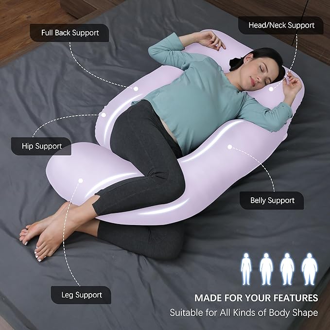 MOON PARK Pregnancy Pillows for Sleeping - U Shaped Full Body Maternity Pillow with Removable Cover - Support for Back, Legs, Belly, HIPS - 65 Inch - Purple - Cooling Cover