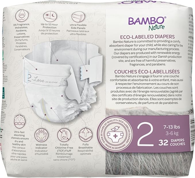 Bambo Nature Hypoallergenic Dream Baby Diapers, Premium Eco-Labeled Sustainable Diapers, Enhanced Leakage Protection, Totally Chlorine-free, Skin Friendly, and Super Absorbent - Size 2 (384 Count)
