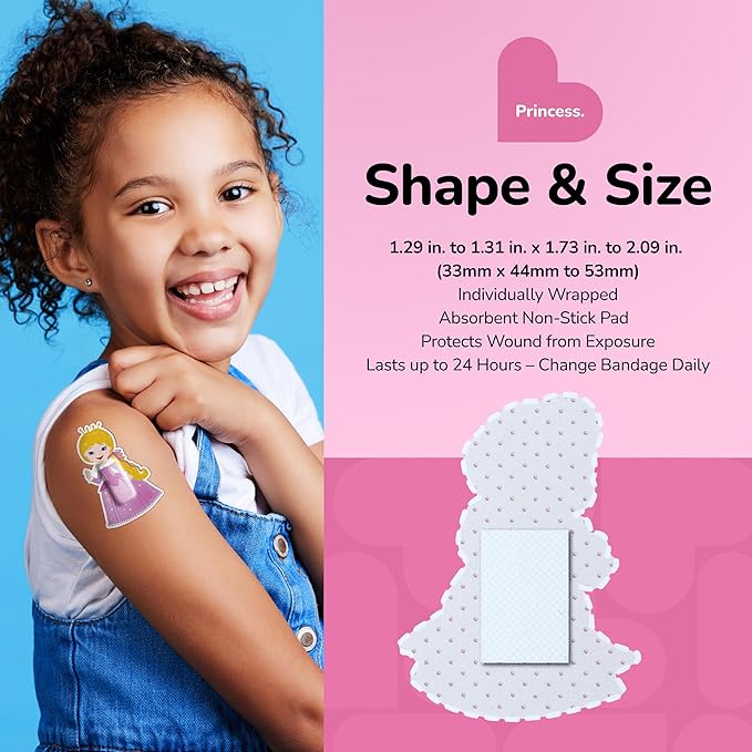 BioSwiss Bandages, Princess Shaped Self Adhesive Bandage, Latex Free Sterile Wound Care, Fun First Aid Kit Supplies for Kids, 50 Count