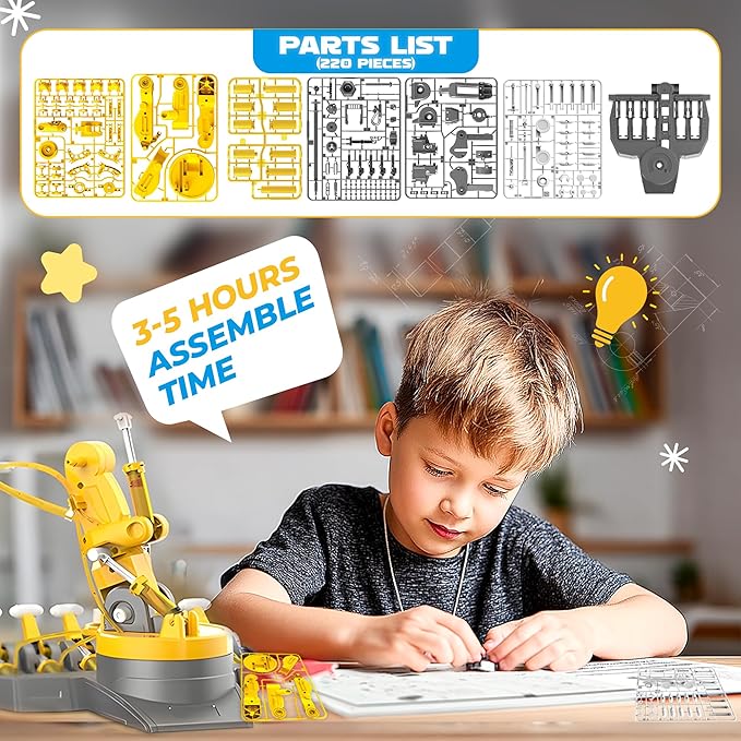 SMIESSKIDDO 3 in 1 Hydraulic Robot Arm - 220 Pcs STEM Building Toys with 4-Jaw Grab, Suction & Tongs for Kids 8-12 | No Batteries Needed Engineering Gift for Boys & Girls Ages 9 10 11