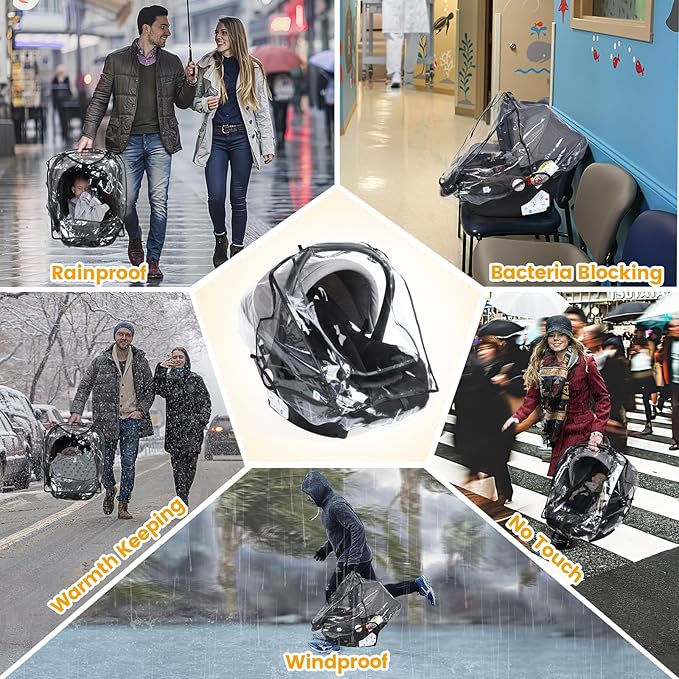 Car Seat Rain Cover Universal, Food Grade EVA, Waterproof Weather Shield for Infant Car Seat with Storage Bag, Baby Car Seat Stroller Rain Cover Features Side Ventilation, Quick-Access Roll-Up Door