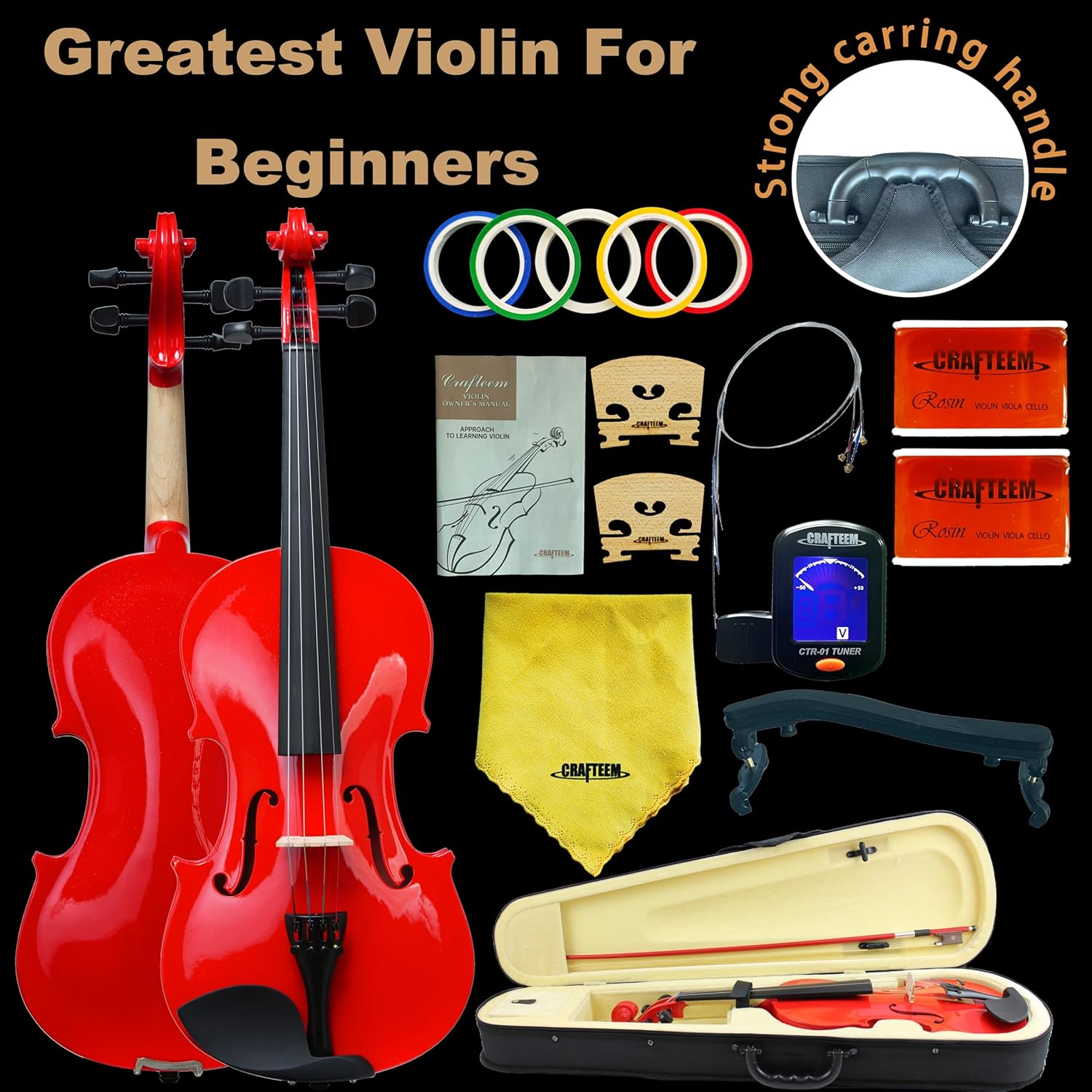 1/2 Fiddle Red Colored Premium Violin Outfit for Beginners Adults Kids With 5 Color Fingering Tape- Handcrafted Student Beginner Violin.