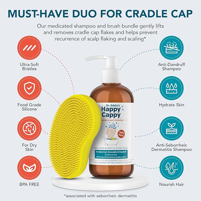 Happy Cappy Medicated Shampoo and Body Wash and Beanie Brush Bundle - Baby Dandruff Shampoo, Helps Cradle Cap and Seborrheic Dermatitis, Fragrance-Free, Gentle Baby Scalp Scrubber - 2 Pieces